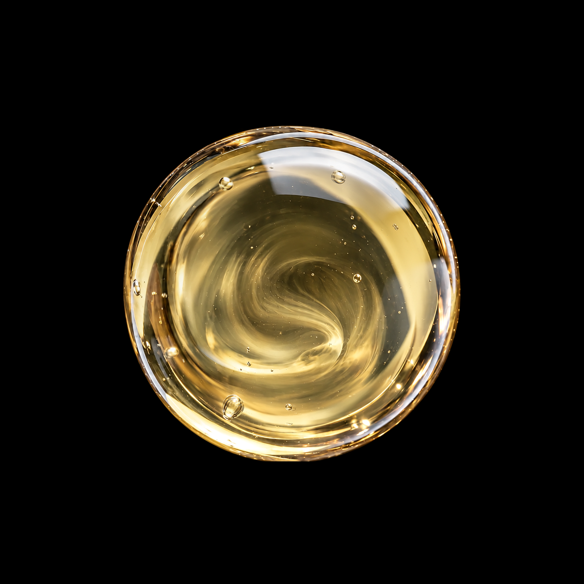 Somali Olibanum Resin Infused Oil — pale golden oil swirl overhead macro on black