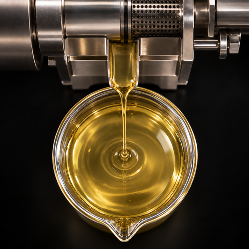 Golden Nangai oil flowing from a stainless-steel press into a clear glass beaker, viewed from above against a black background.