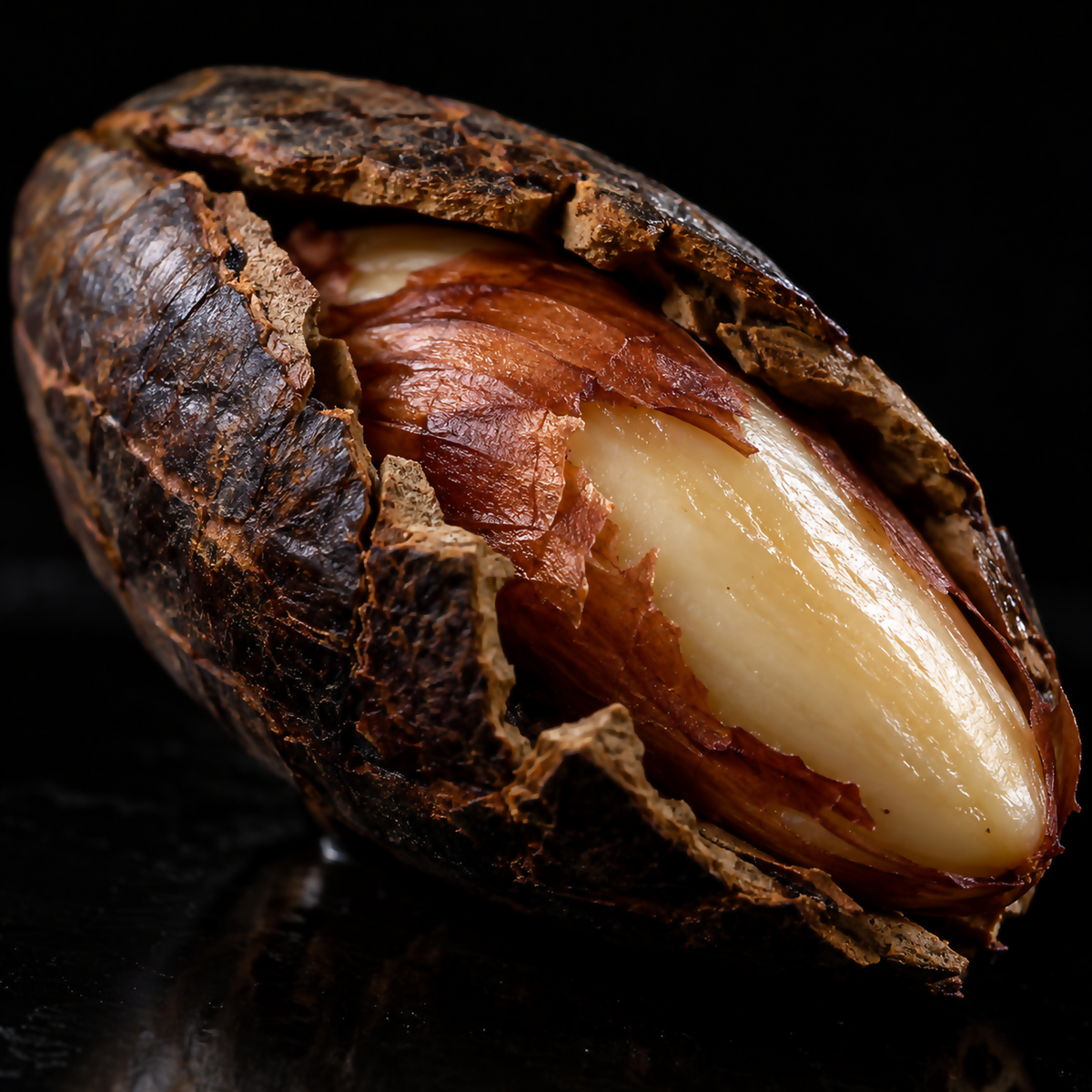 Cracked Nangai nut showing its pale kernel and reddish-brown inner skin in an ultra-macro view on black.