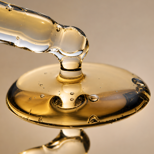 Ultra-macro view of golden Vanuatu Nangai Oil flowing from a clear glass pipette into a rounded pool of oil against a warm beige background.