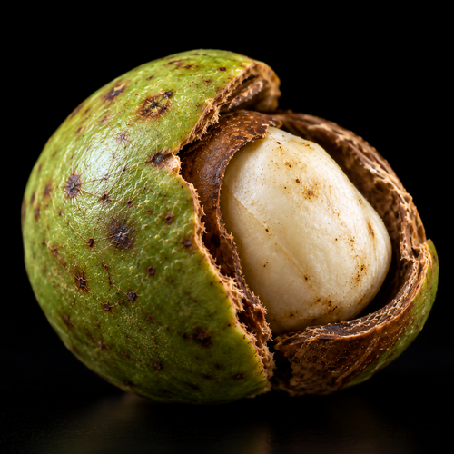 Macro of a split green tamanu fruit revealing its brown inner shell and pale kernel against a black background
