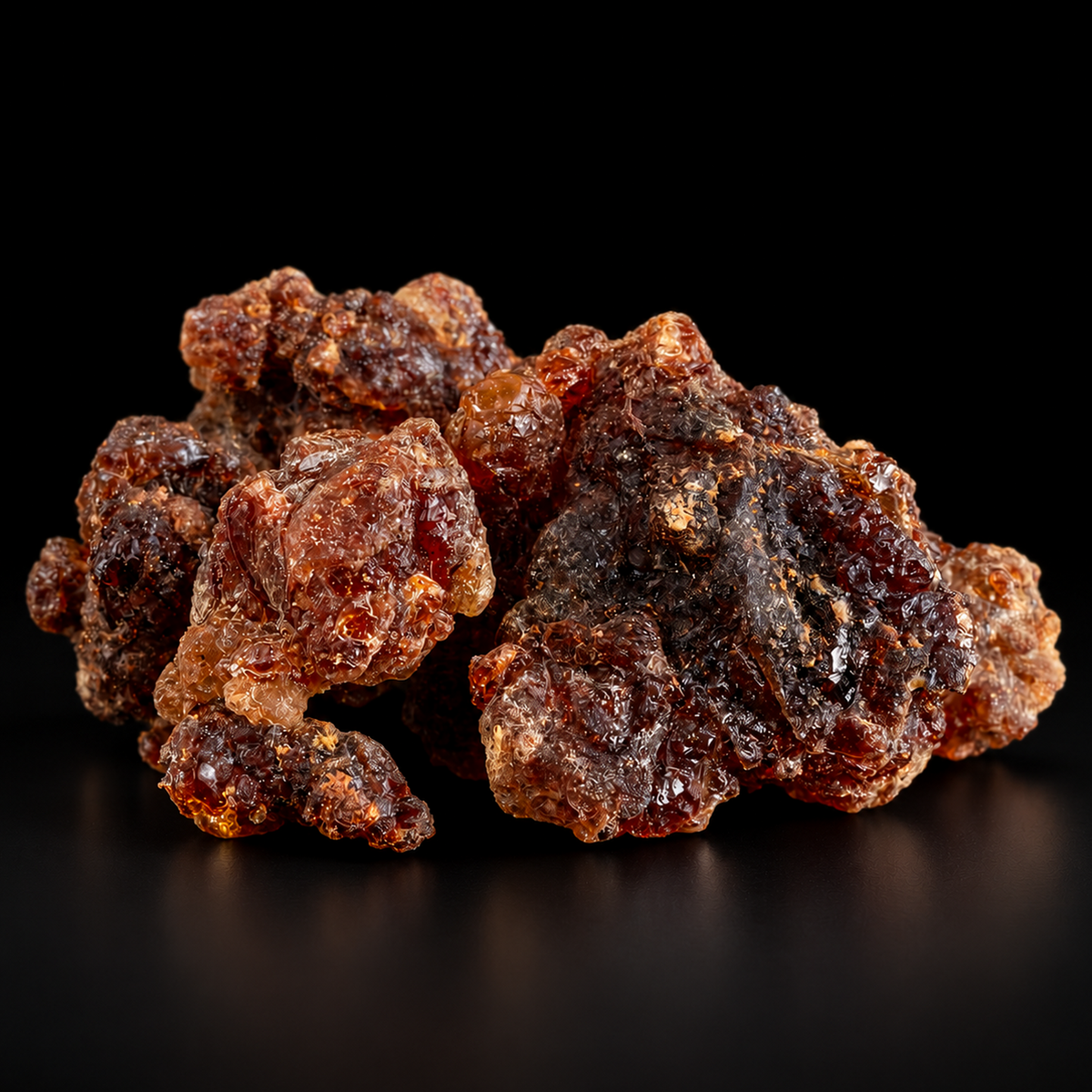 Yemeni myrrh resin tears in glossy amber-brown tones against a black background.